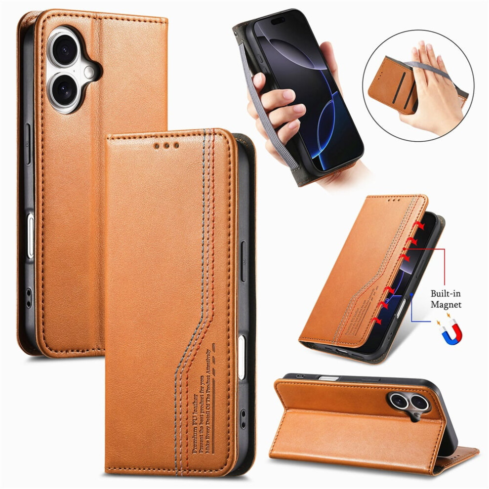 Iphone 16 Plus 6.7" Case Â Leather Flip Wallet With Magnetic Suction & Elastic Wristband, Compatible With Iphone 16 Plus Brown 9327961806962