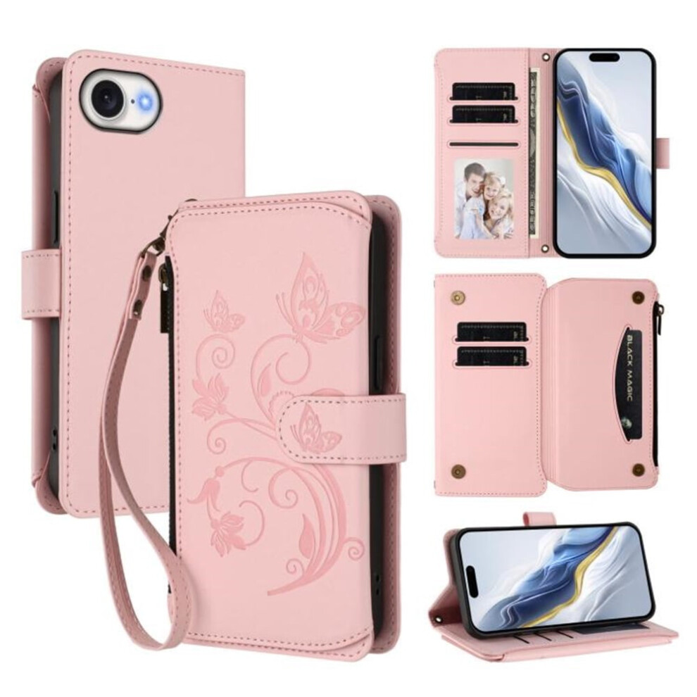 Magnetic Clasp Flip Stand Case For Iphone 16E Â Leather Wallet With Lanyard, 5-Card Holder & Zipper, Butterfly Flower Design Pink 9327961806887
