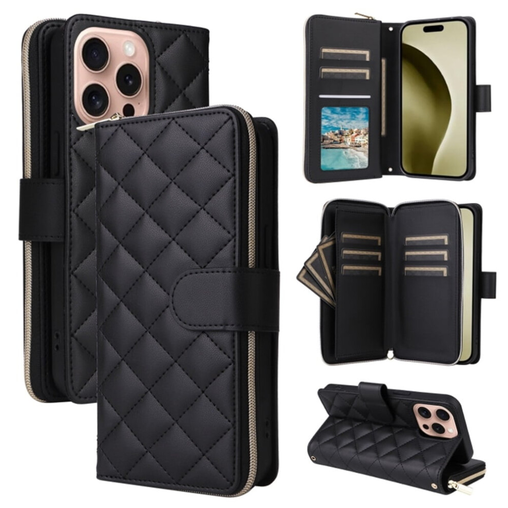 Magnetic Flip Wallet Case For Iphone 16 Pro: 9-Card Slots, Zipper Pocket, Detachable Shoulder & Wrist Straps, Black 9327961808959