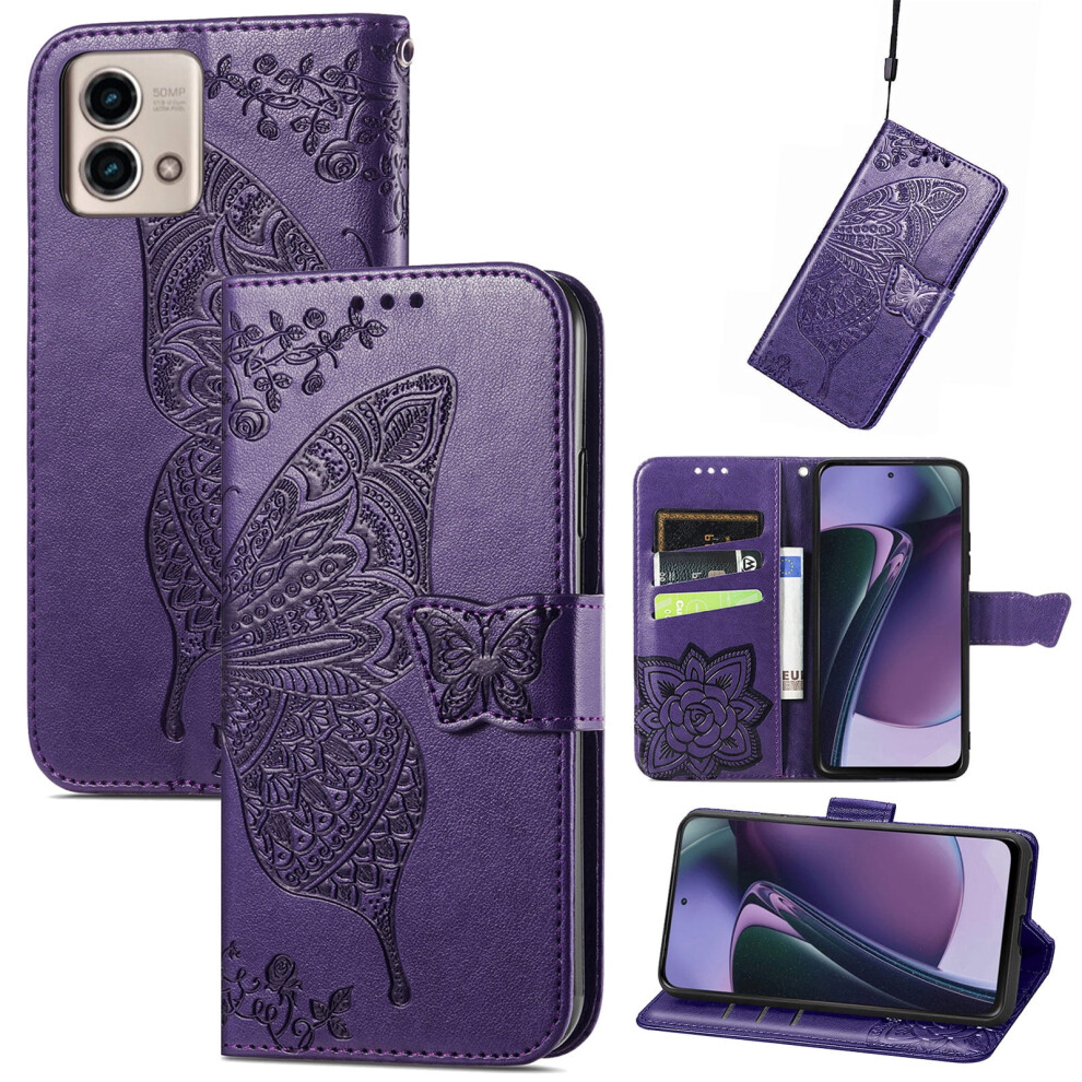 Butterfly Emboss Pu Leather Wallet Case With Stand & Card Slots For Motorola Moto G Stylus 2023 (4G), Purple 9152228658172