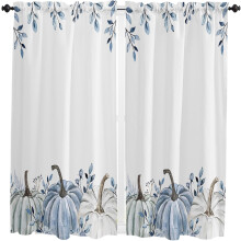 Blue & White Pumpkin Kitchen Curtains, 2 Panels, 42"x63", Rod Pocket, Retro Fall/Thanksgiving Eucalyptus Design