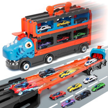 Dinosaur Truck Toy for 2-6 YO Boys, 6 Die-Cast Pull-Back Cars + 62.5in Track – Compatible with Kids' Car Play Sets