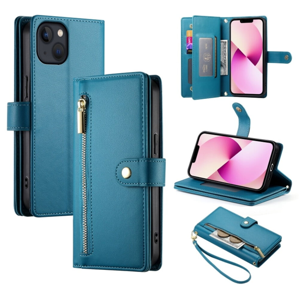 Leather Wallet Case For Iphone 13 (6.1"), Multi-Card Slots, Zipper Pocket, Lanyard Strap, Wristlet Â Compatible With Iphone 13 Blue 9327961804937