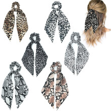 6pcs Cheetah-Print Chiffon Hair Scarf Scrunchies with Long Tails & Knotted Bows for Women
