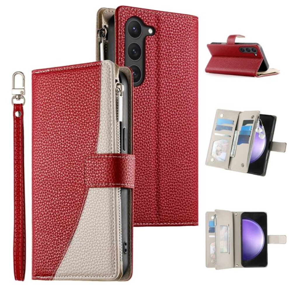 Compatible With Samsung Galaxy S23 5G 6.1" Pu Leather Flip Wallet Case Â Magnetic Closure, Multi-Card Slots, Zipper Pocket & Hanging Rope, Red 9193271163305