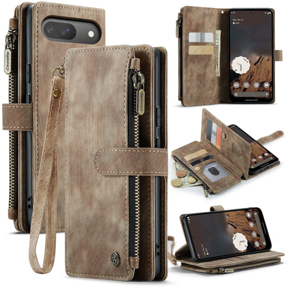 Caseme Wallet Case For Google Pixel 9/9Pro Â Pu Leather Magnetic Flip With Lanyard, Wristlet & Zipper Card Holder, Brown 9193271164258