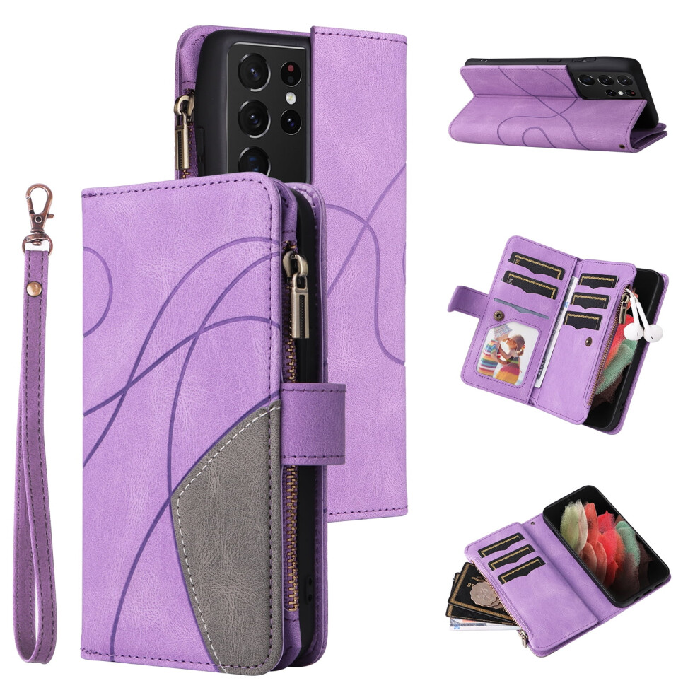Pu Leather Folio Case For Compatible With Samsung Galaxy S21 Ultra 5G Â 9-Card Holder, Zipper Pocket, Magnetic Closure & Wrist Strap Purple 9327961806030