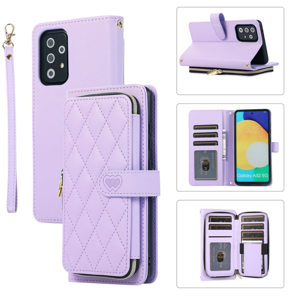Luxury Leather Wallet Case With Wrist/Shoulder Strap, 9 Card Slots & Zipper Purse For Samsung Galaxy A52 4G/5G 6.5" Â Purple 9482726207450