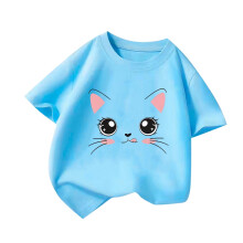 Camisetas de manga curta para meninas com estampa de animais, camisetas de verão com gola redonda, camisetas azuis para meninas de 4 a 6 anos.