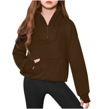 Pigers sweatshirt med halv lynlås, fleece, pullover med kvart lynlås, efterårstøj til teenagepiger, tommelfingerhul, kaffefarvet 11-12 år