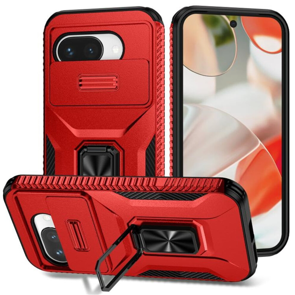 Slim Shockproof Hybrid Case For Google Pixel 9A Â Slide Camera Cover, Rotating Ring Kickstand, Military-Grade, Red 9482726209355