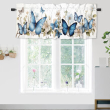 Cantonnière à motif floral et papillons bleus, avec passe-tringle, 137 x 46 cm, 1 panneau, compatible avec les tringles standard