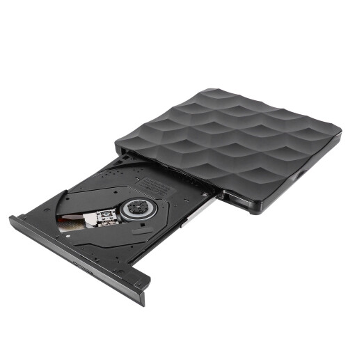 Lettore DVD esterno in plastica nera con USB 3.0 per computer, non richiede driver.
