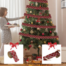 Weihnachtliches Drahtband, 5 cm x 200 cm, naturrotes Jute-/Büffel- und rot-grün kariertes Muster, für Bastelarbeiten, Schleifen, Geschenke,