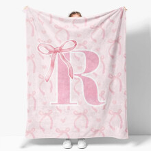 Coquette Pink Bow Throw Blanket, Personalized Initial S Fluffy Flannel for Women & Teens, 50x60", Compatible with Coquette Style
