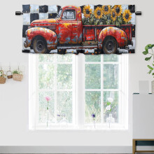 Cantonnière à motif camion de ferme pour cuisine, motif tournesol, carreaux noirs et blancs, passe-tringle pour salon ou chambre, 137 x 46 cm, 1
