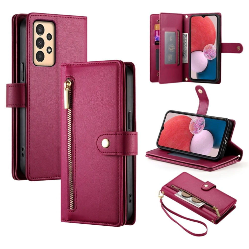 Leather Wallet Case For Samsung Galaxy A04 / A04s (6.5"), Multi-Card Slots, Zipper Pocket, Lanyard Strap, Wristlet Red 9482726205579
