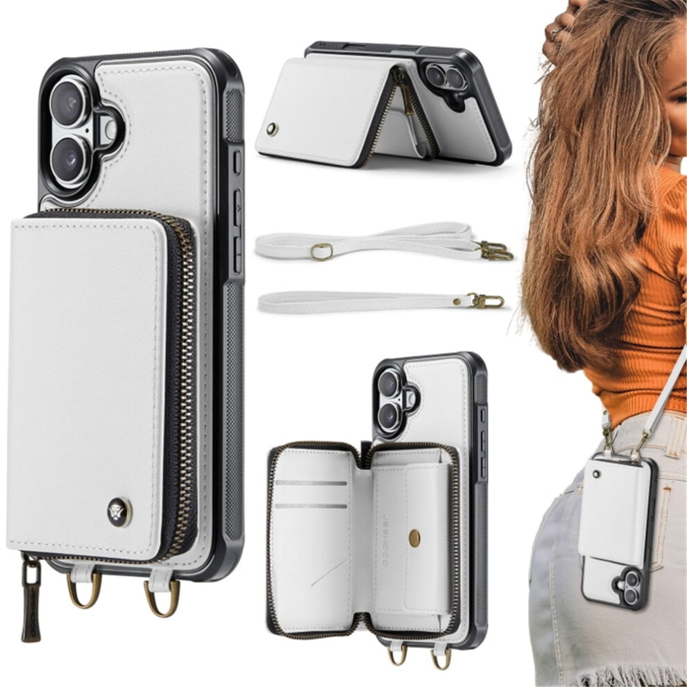 Wallet Case Compatible With Iphone 16 6.1" Â Rfid Blocking, Card Slots, Kickstand, Wrist Strap, Lanyard & Zipper Â White 9482726205913