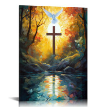 Vintage-Osterkreuz-Wandbild mit weißer Taube und Noten – Christlicher Leinwanddruck für Gebetsraum, Arbeitszimmer, Kirchendekoration (gerahmt)