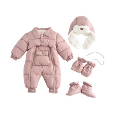 Macacão infantil unissex de inverno com capuz e pezinhos, casaco de plumas rosa, tamanho 18-24 meses.