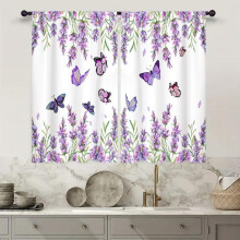 Lavender Butterfly Purple Spring Kitchen Curtains, Rod Pocket, Vintage Country Cafe Tier, Beige, 27.5"x39", 2 Panels