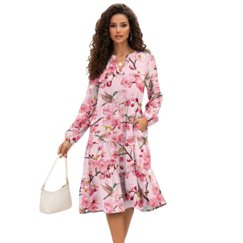 Γυναικείο Φόρεμα Midi Εργασίας Μέγεθος S Patchwork Casual Χαλαρό Άνετο Φόρεμα Ελαστικό V-Neck