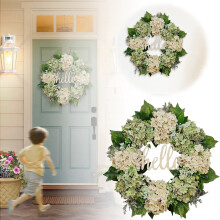 Corona de primavera de hortensias blancas de 45 cm, corona floral artificial estilo granja para puerta principal, pared, repisa, boda, fiesta,