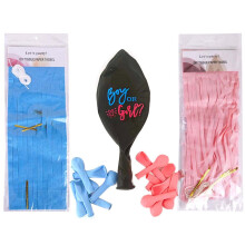 Jumbo-sukupuolen paljastusilmapallosetti, 36" mustat ilmapallot sinisillä pinkeillä ilmapalloilla, tupsuilla ja pyöreillä paperikonfeteilla