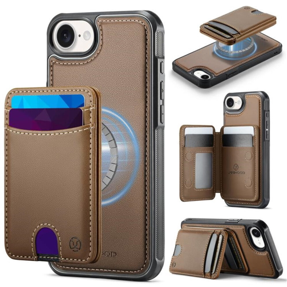 Jeehood Case For Iphone 16E: Rfid-Blocking Pu Leather, Magsafe-Compatible 2-In-1 Wallet With Kickstand & Card Holder, Brown 9482726206811