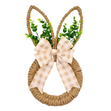 Corona de Pascua de cuerda de cáñamo de 45 cm con conejito, lazo y hojas – Decoración para puerta, chimenea o fiestas