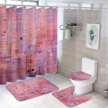 Juego de 4 piezas de cortina de ducha rosa con estampado abstracto, alfombra antideslizante, funda para la tapa del inodoro y alfombrilla de baño