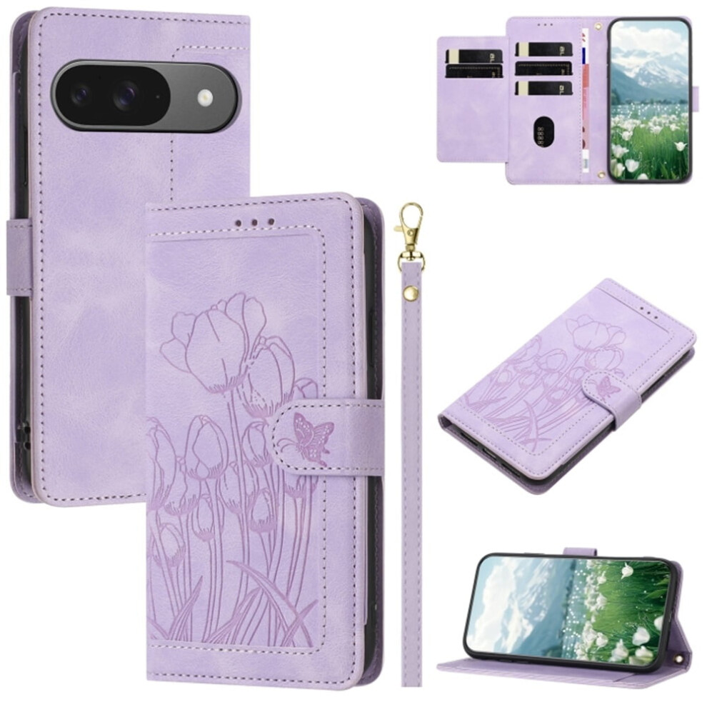Tulip-Embossed Leather Flip Wallet Case For Google Purple 975221374585