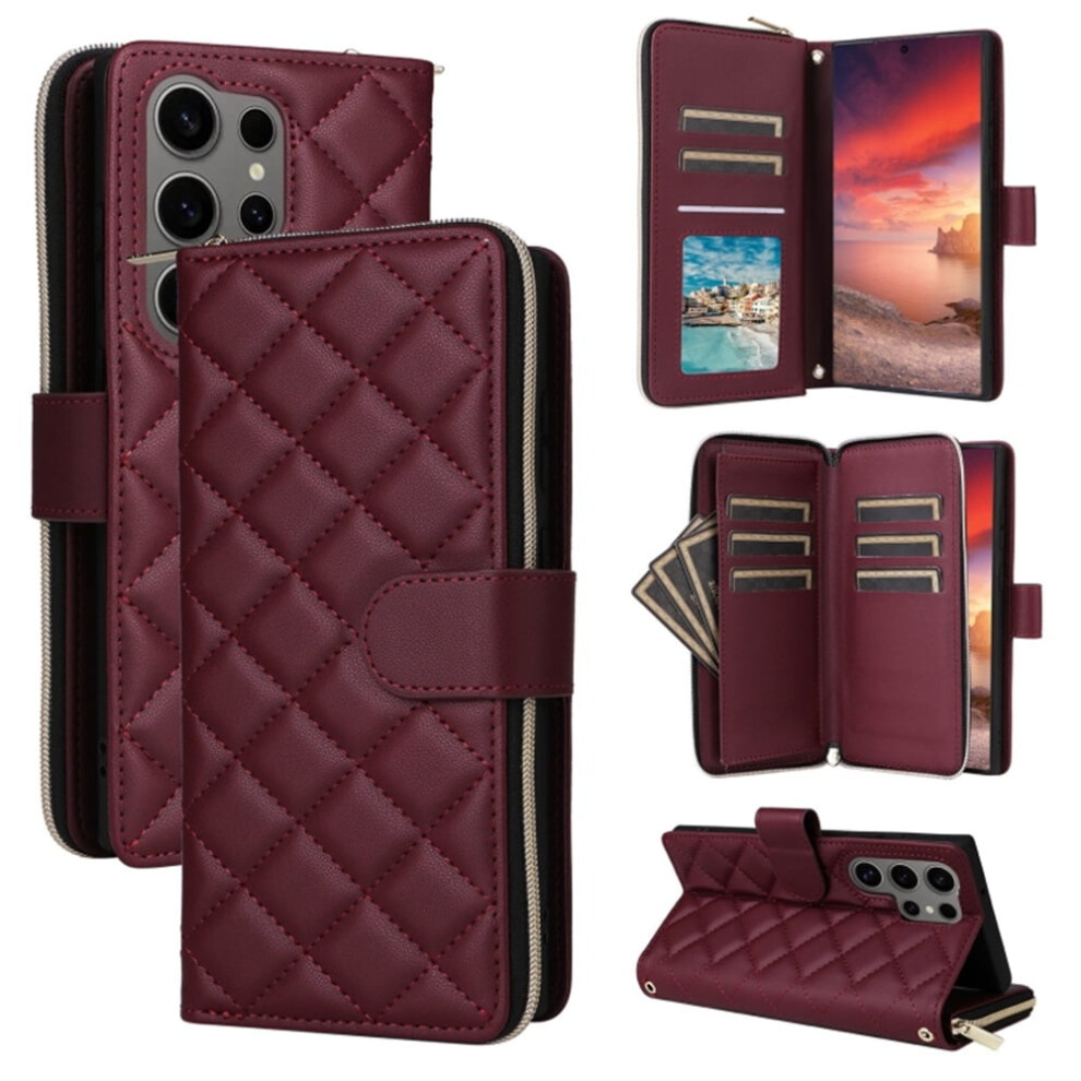 Magnetic Flip Wallet Case For Samsung Galaxy S25 Ultra 5G Â 9-Card Slots, Zipper Pocket, Detachable Shoulder & Wrist Straps, Wine Red 9193271168638