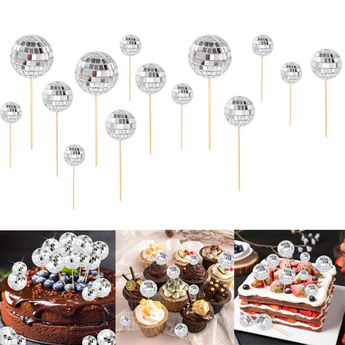 Lot de 3 décorations de gâteau argentées à effet miroir disco