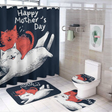 4Pcs Happy Mother's Day Shower Curtain Set with Rug, Toilet Cover & U-Shaped Mat – Cute Cat Design, Compatible with Standard Showers