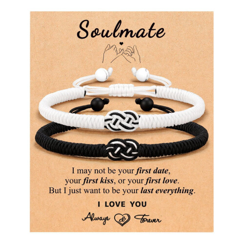 Pulseira Nó da Unidade Trançada Ajustável para Casal - Presente/Conjunto Preto e Branco com Nó Concêntrico
