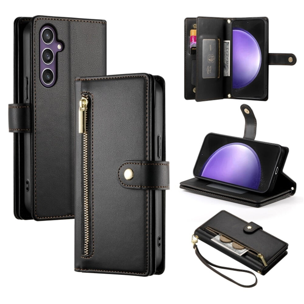 Compatible With Samsung Galaxy S23 Fe 5G 6.4" Wallet Case – Leather, Multi-Card Slots, Zipper Pocket, Lanyard & Wristlet Black 9482726209935