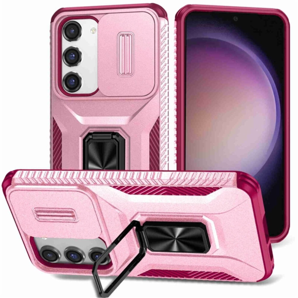 Slim Fit Shockproof Hybrid Case For Samsung Galaxy S23 5G – Military-Grade, Slide Camera Cover & Rotated Ring Kickstand, Pink 9152228661875