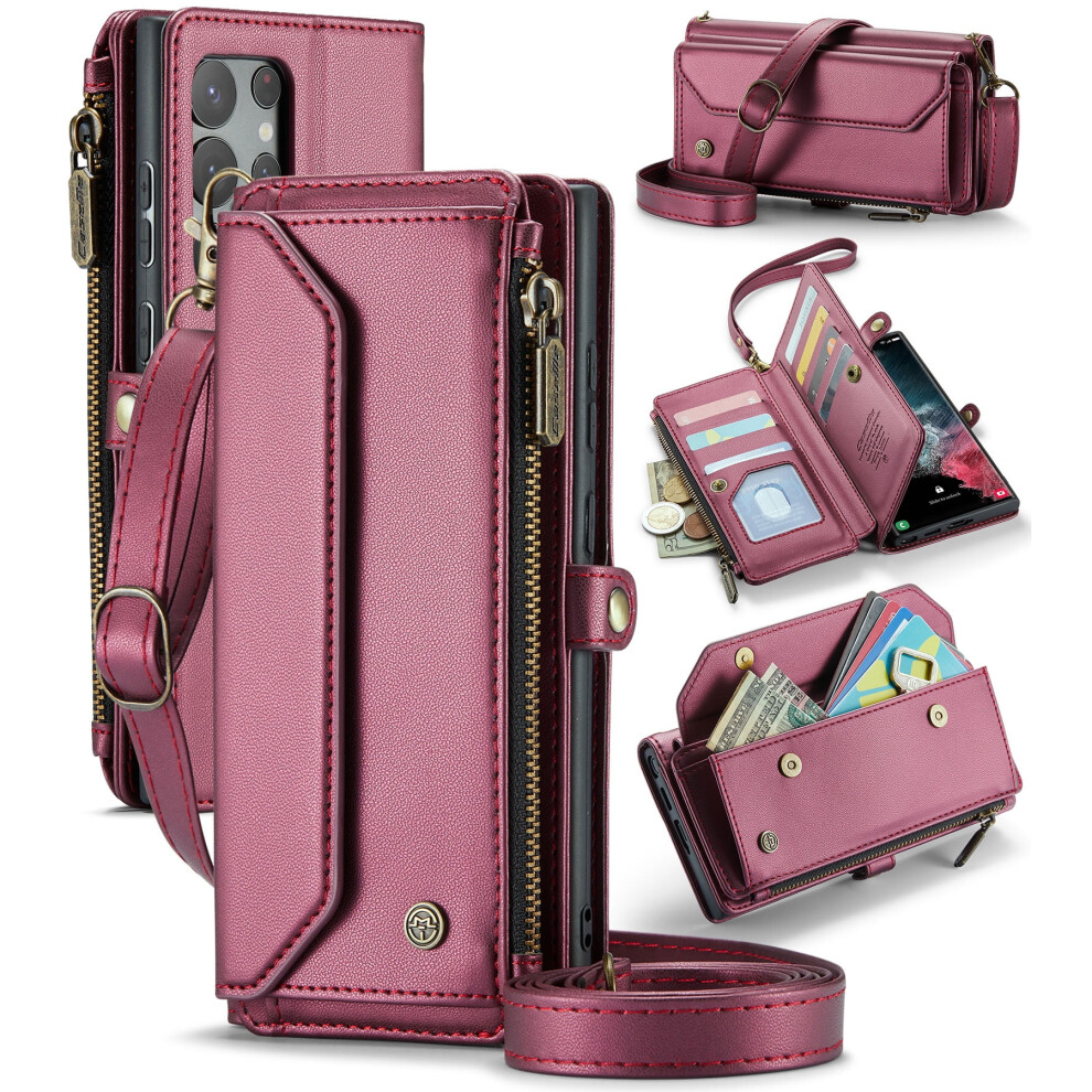 Caseme Leather Wallet Case For Compatible With Samsung Galaxy S22 Ultra Â Rfid Blocking, 10-Card Holder, Zipper Bills Slot, Magnetic Wrist Strap 9152228663510