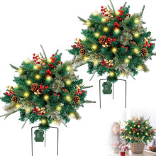 Garniture de jardinière de Noël, arbuste d'extérieur pré-illuminé de 40 cm avec 40 LED, piquet trépied, compatible avec les urnes et la