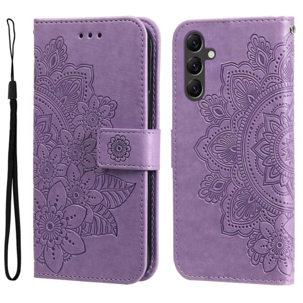 Pu Leather Flip Wallet Case For Samsung Galaxy A15 (4G/5G) Â Magnetic Closure, Card Slots, Hanging Rope, Seven Petal Flower Embossed Purple 9327961811256