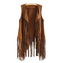 Women Faux Suede Ethnic Sleeveless Jacket Long Fringe Tassels 70s Hippie Open Front Cardigan Vintage Waistcoat Vest Top