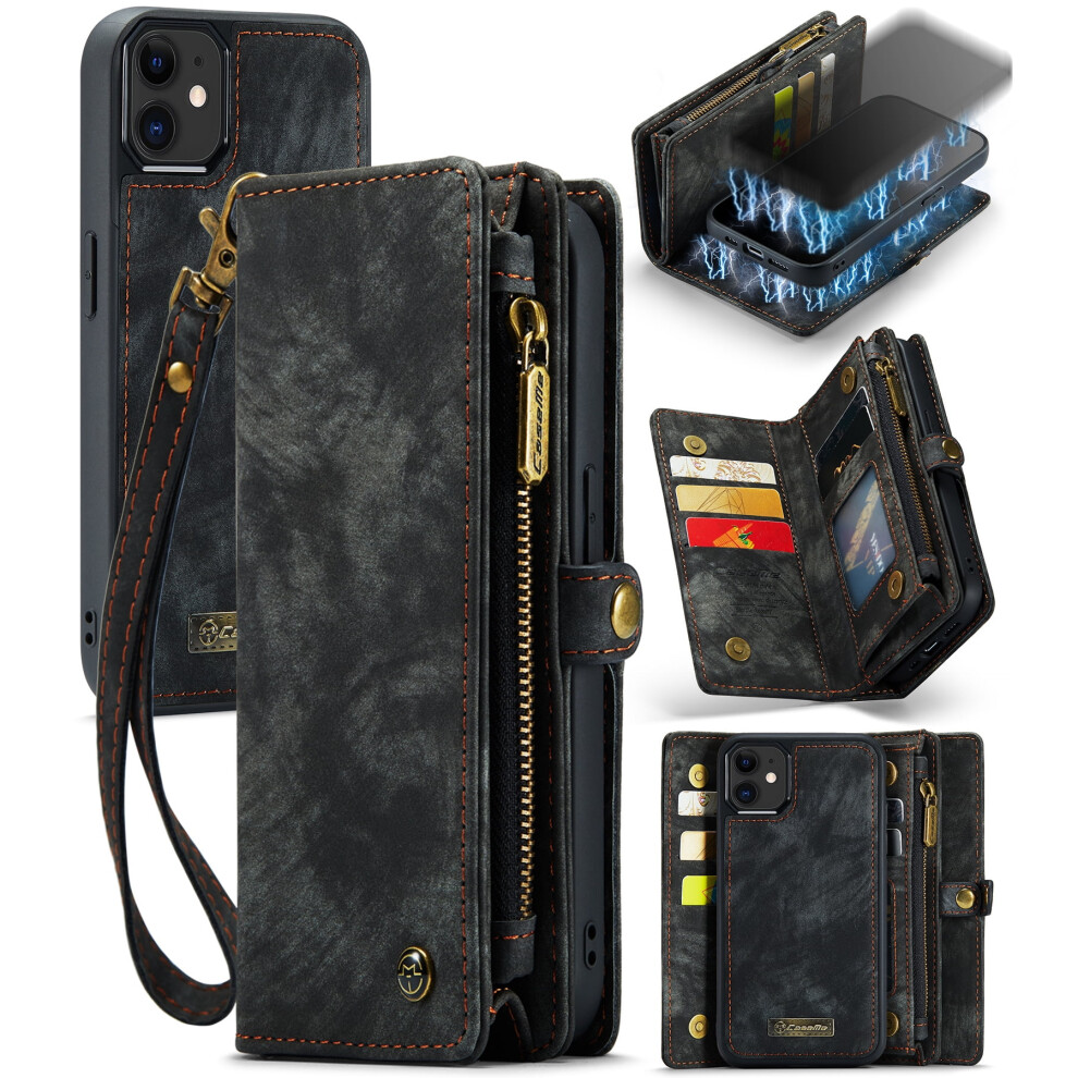 Caseme Leather Wallet Case For Iphone 12 Â 2-In-1 Detachable, 8-Card Holder, Zipper Bills Slot, Magnetic & Shockproof, Black 9327961812918