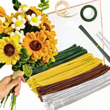 150PCS Pipe Cleaners Craft, 5 Assorted Colors Pipe Cleaners Bulk, Chenille Stems for DIY Flower Making Kit with Floral Wires, Gardening Tape & Ribbon