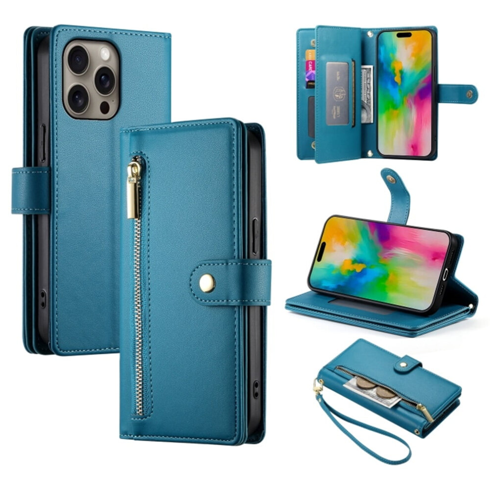 Iphone 16 Pro Wallet Case Leather With Card Slots Blue 975221378767