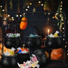 Halloween Decor: 6-Pack Black Plastic Witches Cauldron Candy Bowls with Skeletons, Compatible with Indoor/Outdoor Use