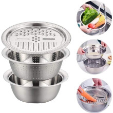 Bassine sophistiquée en acier inoxydable, coupe-légumes pour une découpe précise, panier d'égouttage pour un lavage pratique, gants de