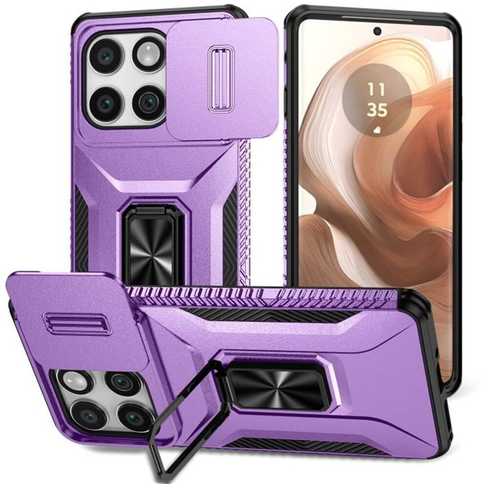 Slim Shockproof Hybrid Case For Motorola Edge 5G 2025 – Slide Camera Cover, Rotated Ring Kickstand, Military-Grade, Purple 9152228665460
