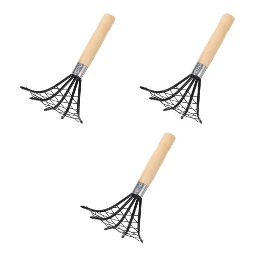 3Pcs Beach Clam Rake Black Steel Wood Handle Net Design Digging Tool 1