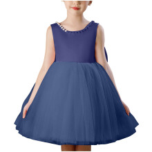 Bloemenmeisjesjurk van satijn en tule, prinsessenjurk voor bruiloften, kinderfeestjes, gala's, baljurken, donkerblauw, 9-10 jaar